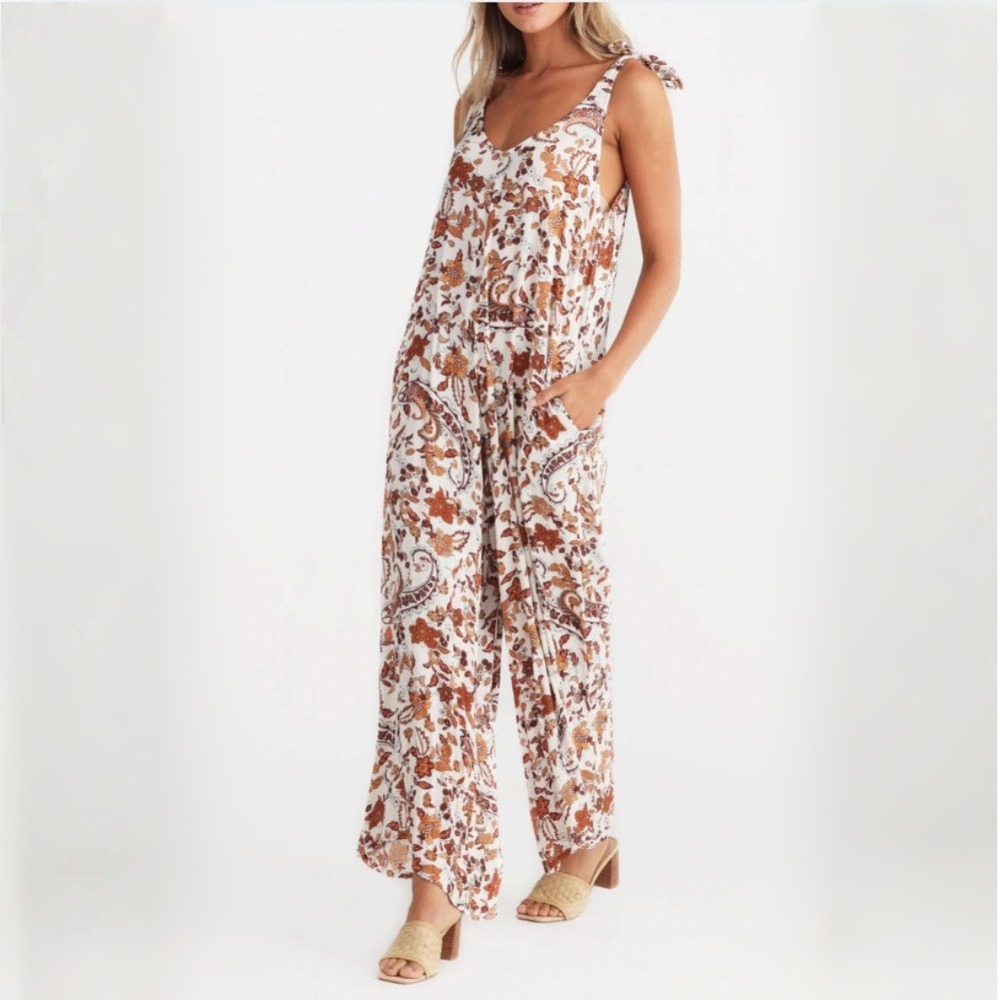 Talisman Temple‎ Jumpsuit Marbella Paisley Floral Print XS Tie Shoulder